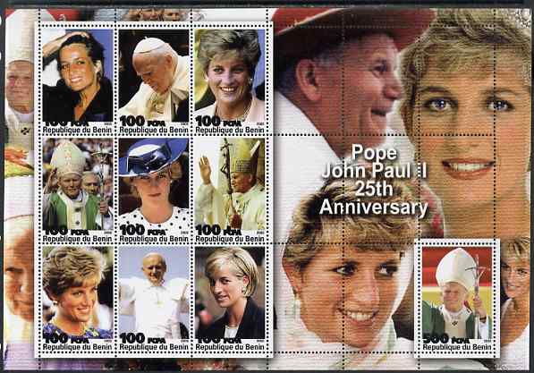 Benin 2003 Pope Paul 25th Anniversary (With Diana) perf sheetlet containing 10 values unmounted mint. Note this item is privately produced and is offered purely on its th..., stamps on personalities, stamps on pope, stamps on royalty, stamps on diana, stamps on religion