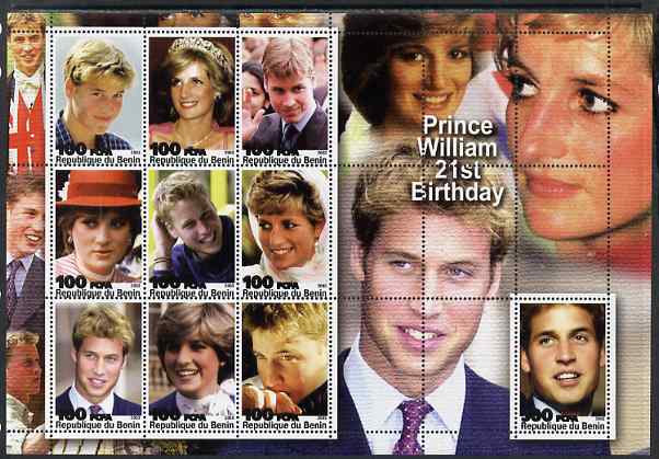 Benin 2003 Prince William 21st Birthday (With Diana) perf sheetlet containing 10 values unmounted mint. Note this item is privately produced and is offered purely on its thematic appeal, stamps on personalities, stamps on william, stamps on royalty, stamps on diana