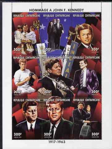 Central African Republic 1997 Homage to John Kennedy perf sheetlet containing 9 values unmounted mint. Note this item is privately produced and is offered purely on its thematic appeal, stamps on , stamps on  stamps on personalities, stamps on  stamps on kennedy, stamps on  stamps on usa presidents, stamps on  stamps on americana