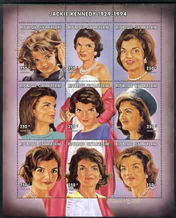 Central African Republic 1997 Homage to Jackie Kennedy perf sheetlet containing 9 values unmounted mint. Note this item is privately produced and is offered purely on its thematic appeal, stamps on personalities, stamps on kennedy, stamps on women, stamps on usa presidents, stamps on americana