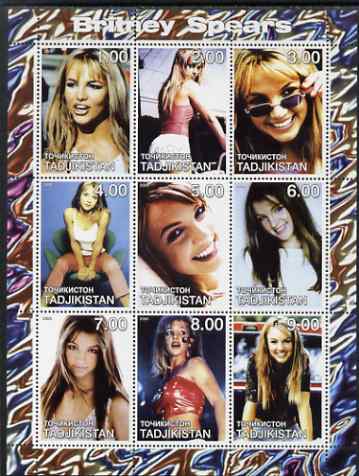 Tadjikistan 2000 Britaney Spears perf sheetlet containing 9 values unmounted mint, stamps on personalities, stamps on entertainments, stamps on films, stamps on cinema, stamps on  tv , stamps on women, stamps on movies