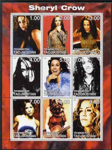 Tadjikistan 2000 Sheryl Crow perf sheetlet containing 9 values unmounted mint, stamps on personalities, stamps on entertainments, stamps on music, stamps on pops, stamps on rock, stamps on women, stamps on 