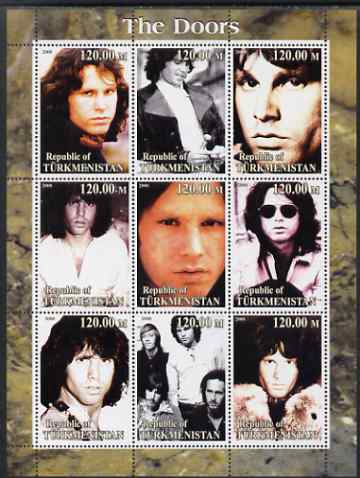 Turkmenistan 2000 The Doors (pop group) perf sheetlet containing 9 values unmounted mint. Note this item is privately produced and is offered purely on its thematic appea..., stamps on personalities, stamps on entertainments, stamps on music, stamps on pops, stamps on rock