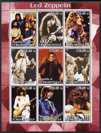 Turkmenistan 2000 Led Zeppelin perf sheetlet containing complete set of 9 values unmounted mint. Note this item is privately produced and is offered purely on its thematic appeal, stamps on , stamps on  stamps on personalities, stamps on  stamps on entertainments, stamps on  stamps on music, stamps on  stamps on pops, stamps on  stamps on rock