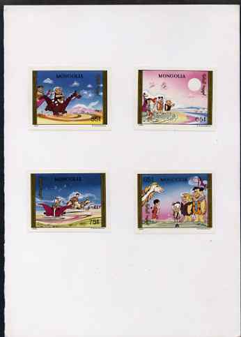 Mongolia 1991 Flintstones (cartoon characters) four imperf proofs mounted in House of Questa folder, rare thus as SG 2183-86, stamps on entertainments, stamps on films, stamps on cinema, stamps on disney, stamps on movies, stamps on fungi