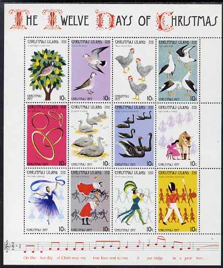 Christmas Island 1977 The Twelve Days of Christmas perf sheetlet without watermark unmounted mint, SG 84A-95A, stamps on christmas, stamps on music, stamps on swans, stamps on birds, stamps on militaria, stamps on dancing, stamps on 