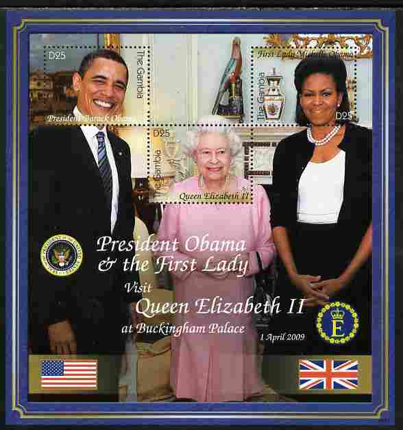 Gambia 2009 Barack Obama Visits Queen Elizabeth at Buckingham Palace composite perf sheetlet containing 3 values unmounted mint, stamps on , stamps on  stamps on royalty, stamps on  stamps on personalities, stamps on  stamps on nobel, stamps on  stamps on peace, stamps on  stamps on usa presidents, stamps on  stamps on american, stamps on  stamps on masonics, stamps on  stamps on masonry, stamps on  stamps on obama
