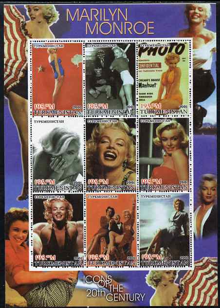 Turkmenistan 2001 Icons of the 20th Century - Marilyn Monroe perf sheetlet containing set of 9 values unmounted mint. Note this item is privately produced and is offered ..., stamps on personalities, stamps on marilyn, stamps on music, stamps on films, stamps on cinema, stamps on movies, stamps on baseball, stamps on women