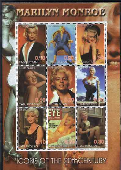 Tadjikistan 2001 Icons of the 20th Century - Marilyn Monroe perf sheetlet containing set of 9 values unmounted mint, stamps on , stamps on  stamps on personalities, stamps on  stamps on cinema, stamps on  stamps on entertainments, stamps on  stamps on millennium, stamps on  stamps on marilyn, stamps on  stamps on movies, stamps on  stamps on cinema, stamps on  stamps on women, stamps on  stamps on 