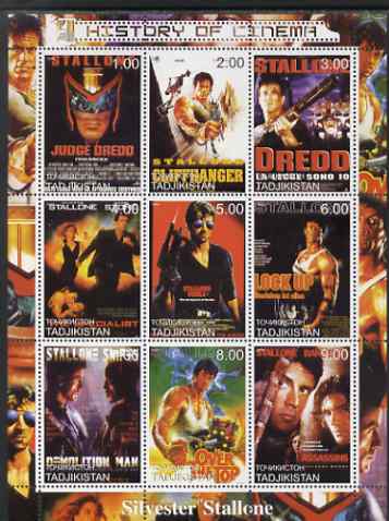 Tadjikistan 2000 History of the Cinema - Silvester Stallone perf sheetlet containing 9 values unmounted mint, stamps on personalities, stamps on entertainments, stamps on films, stamps on cinema, stamps on  tv , stamps on movies