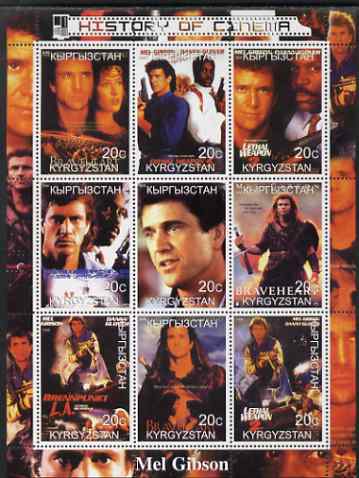 Kyrgyzstan 2000 History of the Cinema - Mel Gibson perf sheetlet containing 9 values unmounted mint, stamps on , stamps on  stamps on personalities, stamps on  stamps on entertainments, stamps on  stamps on films, stamps on  stamps on cinema, stamps on  stamps on  tv , stamps on  stamps on movies