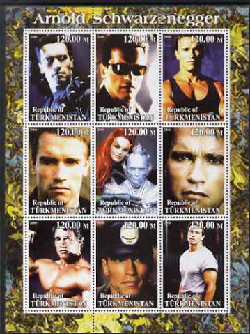 Turkmenistan 2000 Arnold Schwarzenegger perf sheetlet containing set of 9 values unmounted mint. Note this item is privately produced and is offered purely on its thematic appeal, stamps on personalities, stamps on entertainments, stamps on films, stamps on cinema, stamps on movies, stamps on 
