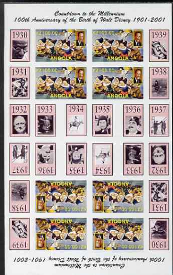 Angola 1999 Countdown to the Millennium #04 (1930-1939) & Birth Centenary of Walt Disney imperf sheetlet containing 4 values (7 Dwarfs) se-tenant pair of sheetlets in tet..., stamps on personalities, stamps on cartoons, stamps on aviation, stamps on films, stamps on cinema, stamps on sport, stamps on disney, stamps on gandhi, stamps on cultures, stamps on spitfires, stamps on  ww2 , stamps on millennium