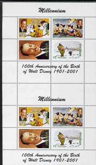 Angola 2000 Millennium & Birth Centenary of Walt Disney perf sheetlet containing 4 values, se-tenant pair of sheetlets from uncut proof sheet, scarce thus, stamps on personalities, stamps on films, stamps on cinema, stamps on entertainments, stamps on disney, stamps on millennium, stamps on bears