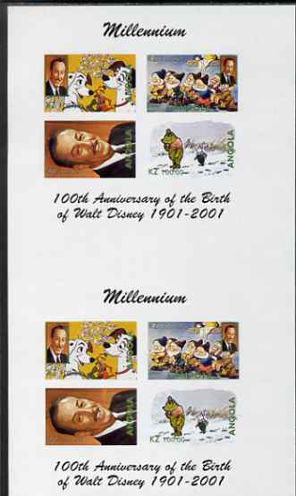 Angola 2000 Millennium & Birth Centenary of Walt Disney imperf sheetlet containing 4 values, se-tenant pair of sheetlets from uncut proof sheet, scarce thus, stamps on personalities, stamps on films, stamps on cinema, stamps on entertainments, stamps on disney, stamps on millennium, stamps on bears
