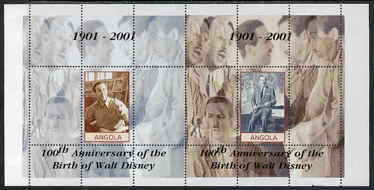 Angola 2001 Birth Centenary of Walt Disney perf s/sheets, se-tenant pair of sheetlets from uncut proof sheet, scarce thus, stamps on personalities, stamps on films, stamps on cinema, stamps on entertainments, stamps on disney, stamps on millennium