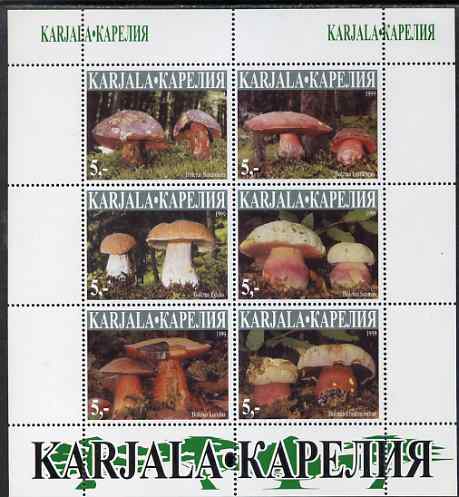 Karjala Republic 1999 Fungi imperf sheetlet containing complete set of 6 values unmounted mint, stamps on fungi