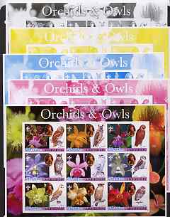 Afghanistan 2003 Orchids & Owls (with baden Powell) sheetlet containing set of 9 values - the set of 5 imperf progressive proofs comprising the 4 individual colours plus ..., stamps on flowers, stamps on orchids, stamps on birds, stamps on scouts, stamps on birds of prey, stamps on 