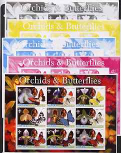 Afghanistan 2003 Orchids & Butterflies (with baden Powell) sheetlet containing 9 values - the set of 5 imperf progressive proofs comprising the 4 individual colours plus all 4-colour composite, unmounted mint , stamps on flowers, stamps on orchids, stamps on butterflies, stamps on scouts, stamps on 