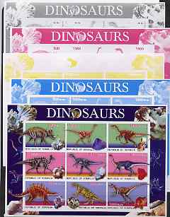 Somalia 2003 Dinosaurs & Minerals sheetlet containing 9 values - the set of 5 imperf progressive proofs comprising the 4 individual colours plus all 4-colour composite, unmounted mint , stamps on , stamps on  stamps on dinosaurs, stamps on  stamps on minerals
