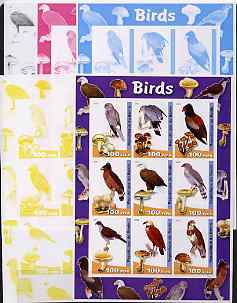 Benin 2003 Birds & Fungi large sheetlet containing set of 9 values - the set of 5 imperf progressive proofs comprising the 4 individual colours plus all 4-colour composit..., stamps on birds, stamps on birds of prey, stamps on fungi