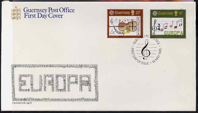 Guernsey 1985 Europa - European Music Year set of 2 on illustrated cover with first day cancels, stamps on music, stamps on europa