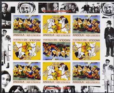 Angola 2000 Millennium 2000 - History of Animation #1 imperf sheetlet containing 9 values (in tete-beche format) unmounted mint. Note this item is privately produced and is offered purely on its thematic appeal (Disney Characters with Elvis, Chaplin, Beatles, Gershwin, N Armstrong etc in margins), stamps on millennium, stamps on entertainments, stamps on films, stamps on cinema, stamps on movies, stamps on disney, stamps on elvis, stamps on chaplin, stamps on apollo, stamps on composers, stamps on pops, stamps on beatles