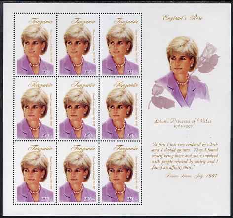 Tanzania 1997 Princess Diana - Englands Rose perf sheetlet containing 9 x 250s values unmounted mint , stamps on diana, stamps on royalty