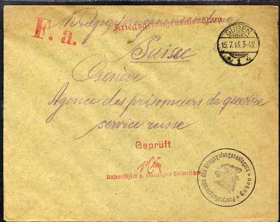 Germany 1915 cover from POW Camp at Guben to Prisoner of War Agency in Geneva, Switzerland with red censor handstamp and Guben POW cachet in black, stamps on red cross, stamps on  ww1 , stamps on militaria