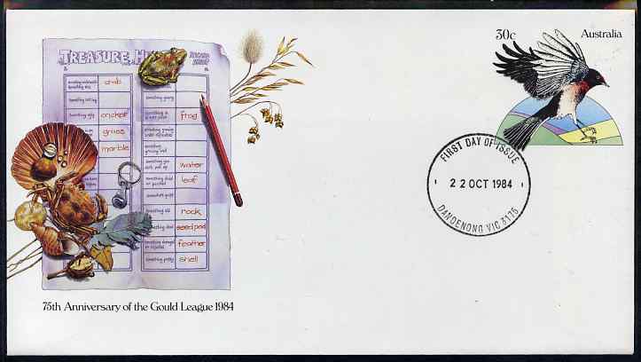 Australia 1984 75th Anniversary of Gould League 30c postal stationery envelope (Bird, Frog, Shells etc) with first day cancellation , stamps on birds, stamps on shells, stamps on marine life, stamps on frogs, stamps on crabs, stamps on 