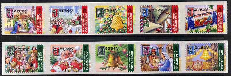 Jersey 2001 Christmas - Bells set of 10 self-adhesive NVI stamps unmounted mint, SG 1014-23, stamps on , stamps on  stamps on christmas, stamps on  stamps on bells, stamps on  stamps on self-adhesive
