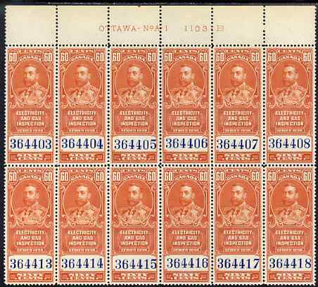 Canada 1930 Revenue KG5 60c Electricity & Gas Inspection block of 12 with OTTAWA imprint & plate number unmounted mint, stamps on , stamps on  stamps on revenue, stamps on  stamps on cinderella, stamps on  stamps on  kg5 , stamps on  stamps on energy