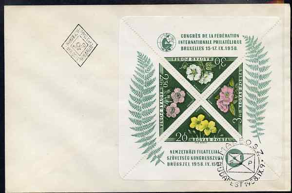 Hungary 1958 International Philatelic Federation Congress - Flowers perf m/sheet containing 4 triangulars on plain cover with first day cancel SG MS 1533a, stamps on stamp exhibitions, stamps on flowers