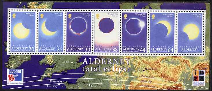 Guernsey - Alderney 1999 Total Eclipse of the Sun perf m/sheet unmounted mint, SG MSA131, stamps on , stamps on  stamps on space, stamps on  stamps on astronomy, stamps on  stamps on solar, stamps on  stamps on stamp exhibitions