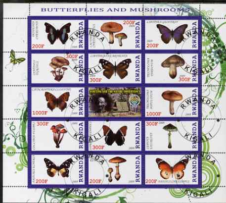 Rwanda 2009 Butterflies & Fungi perf sheetlet containing 14 values plus label showing Baden Powell, fine cto used, stamps on butterflies, stamps on scouts, stamps on fungi
