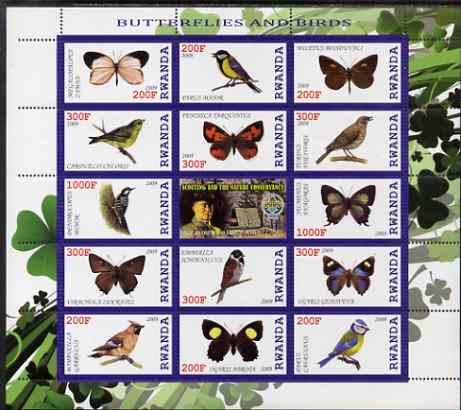 Rwanda 2009 Butterflies & Birds perf sheetlet containing 14 values plus label showing Baden Powell, unmounted mint, stamps on butterflies, stamps on scouts, stamps on birds