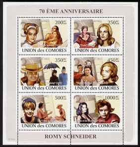Comoro Islands 2008 70th Birth Anniversary of Romy Schneider (actress) perf sheetlet containing 6 values unmounted mint, stamps on personalities, stamps on films, stamps on cinema, stamps on movies, stamps on women