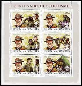 Comoro Islands 2008 Centenary of Scouting (Baden Powell) perf sheetlet containing 6 values unmounted mint, stamps on , stamps on  stamps on personalities, stamps on  stamps on scouts