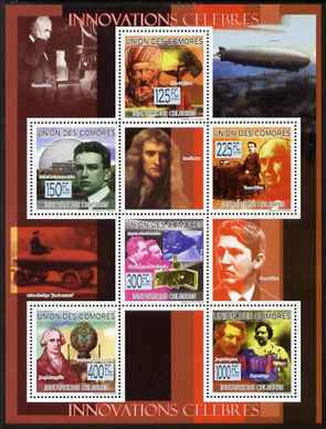Comoro Islands 2009 Famous Innovations perf sheetlet containing 6 values unmounted mint Michel 2296-1301, stamps on personalities, stamps on inventors, stamps on aviation, stamps on airships, stamps on cinema, stamps on photography, stamps on science, stamps on cars