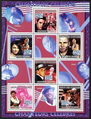 Comoro Islands 2009 Famous Singers perf sheetlet containing 6 values unmounted mint Michel 2245-50, stamps on personalities, stamps on movies, stamps on films, stamps on cinema, stamps on music, stamps on elvis, stamps on dylan, stamps on sting, stamps on sinatra, stamps on ella, stamps on pops, stamps on rock