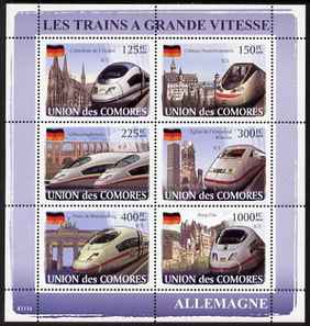 Comoro Islands 2008 High Speed Trains of Germany perf sheetlet containing 6 values unmounted mint Michel 1869-74, stamps on railways