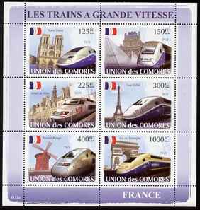 Comoro Islands 2008 High Speed Trains of France perf sheetlet containing 6 values unmounted mint Michel 1875-80, stamps on railways, stamps on eiffel tower, stamps on windmills
