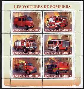 Comoro Islands 2008 Fire Engines perf sheetlet containing 6 values unmounted mint Michel 1819-24, stamps on fire