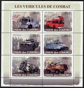 Comoro Islands 2008 Military Vehicles perf sheetlet containing 6 values unmounted mint Michel 1843-48, stamps on transport, stamps on militaria, stamps on tanks, stamps on 