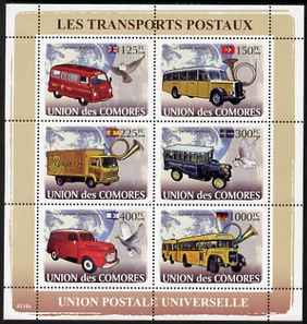 Comoro Islands 2008 Postal Vehicles perf sheetlet containing 6 values unmounted mint Michel 1813-18, stamps on transport, stamps on postal, stamps on buses, stamps on trucks