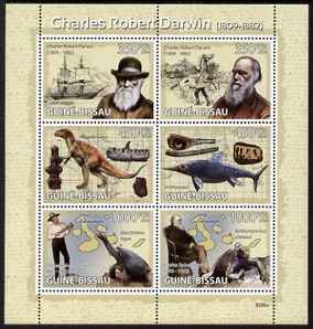Guinea - Bissau 2009 Charles Darwin perf sheetlet containing 6 values unmounted mint Michel 4104-09, stamps on personalities, stamps on ships, stamps on dinosaurs, stamps on animals, stamps on fish, stamps on turtles, stamps on darwin