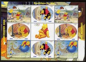 Mali 2010 Winnie the Pooh with Olympic Rings, perf sheetlet containg 4 values x 2 plus label, unmounted mint. Note this item is privately produced and is offered purely on its thematic appeal , stamps on olympics, stamps on disney, stamps on films, stamps on cinena, stamps on movies, stamps on pooh, stamps on bears, stamps on bicycles, stamps on bees