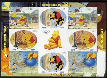 Mali 2010 Winnie the Pooh with Olympic Rings, imperf sheetlet containg 4 values x 2 plus label, unmounted mint. Note this item is privately produced and is offered purely on its thematic appeal , stamps on olympics, stamps on disney, stamps on films, stamps on cinena, stamps on movies, stamps on pooh, stamps on bears, stamps on bicycles, stamps on bees