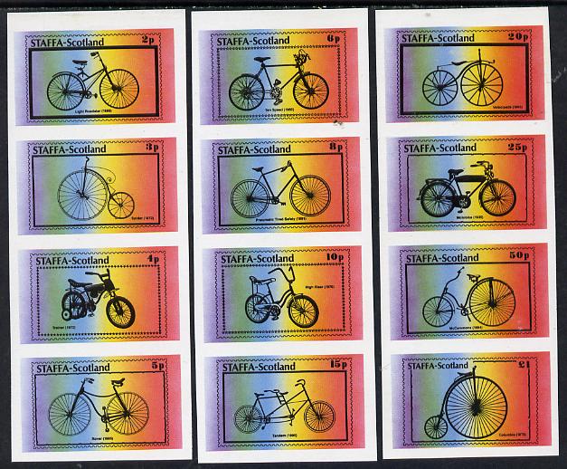 Staffa 1977 Bicycles complete imperf set of 12 values - 3 strips of 4 (2p to \A31) unmounted mint, stamps on bicycles    transport
