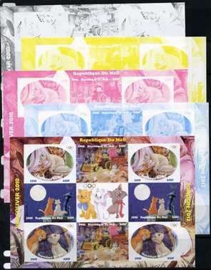 Mali 2010 Aristocats with Olympic Rings, sheetlet containg 4 values x 2 plus  the set of 5 imperf progressive proofs comprising the 4 individual colours plus all 4-colour composite, unmounted mint , stamps on olympics, stamps on disney, stamps on films, stamps on cinena, stamps on movies, stamps on cats